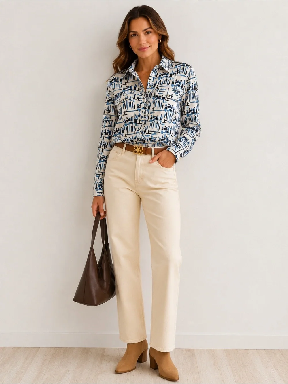 Tory Burch Blue Ivory Abstract Print Silk Wool Utility Shirt Size 4
